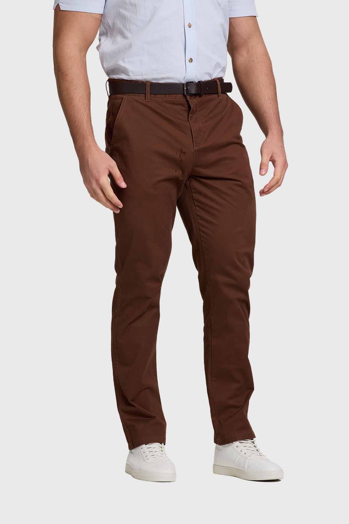 Pantalón Hombre Chino Cinturón Café