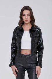 Chaqueta Mujer Crop Efecto Cuero Negro