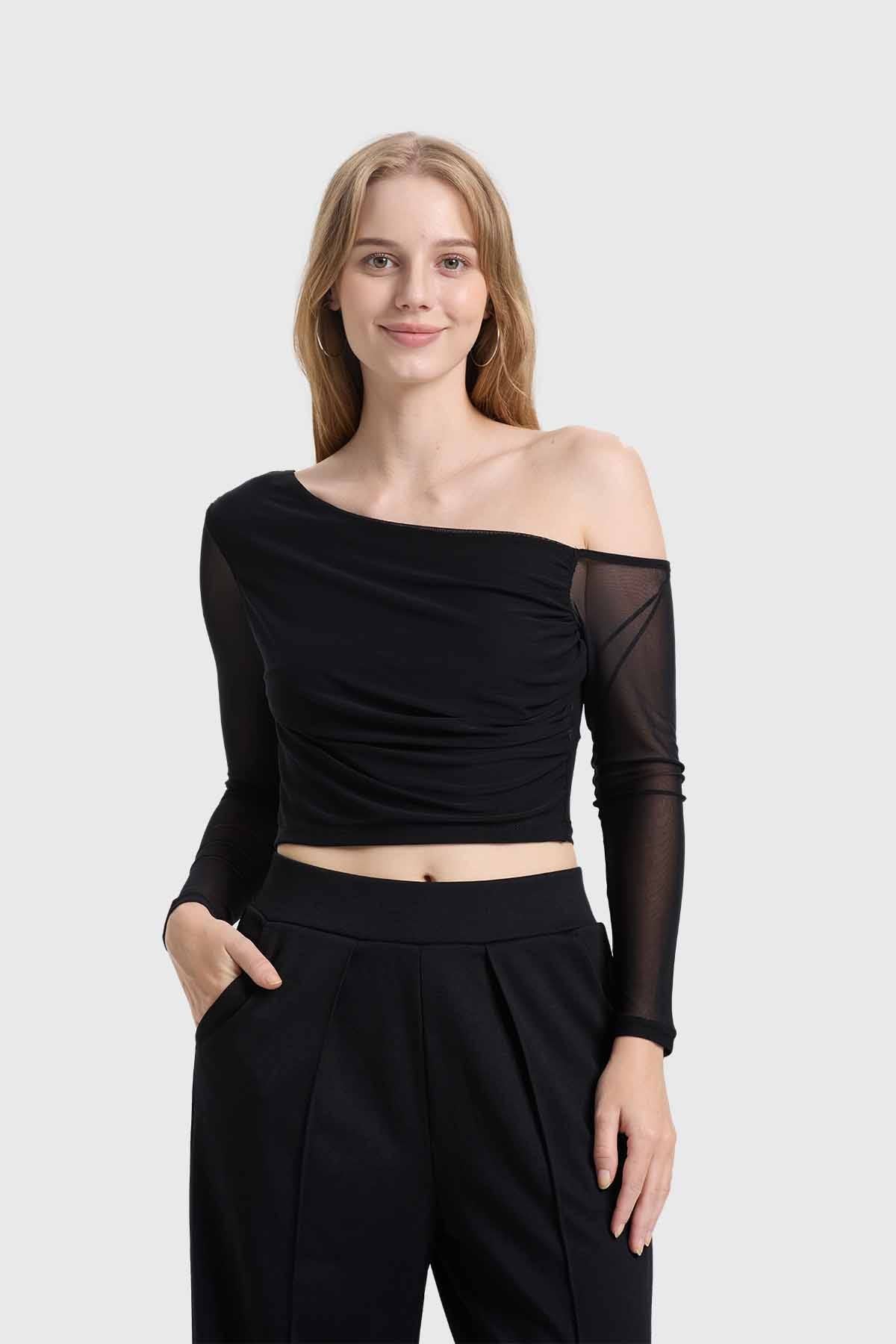 Polera Mujer Drapeada Simetric Negro