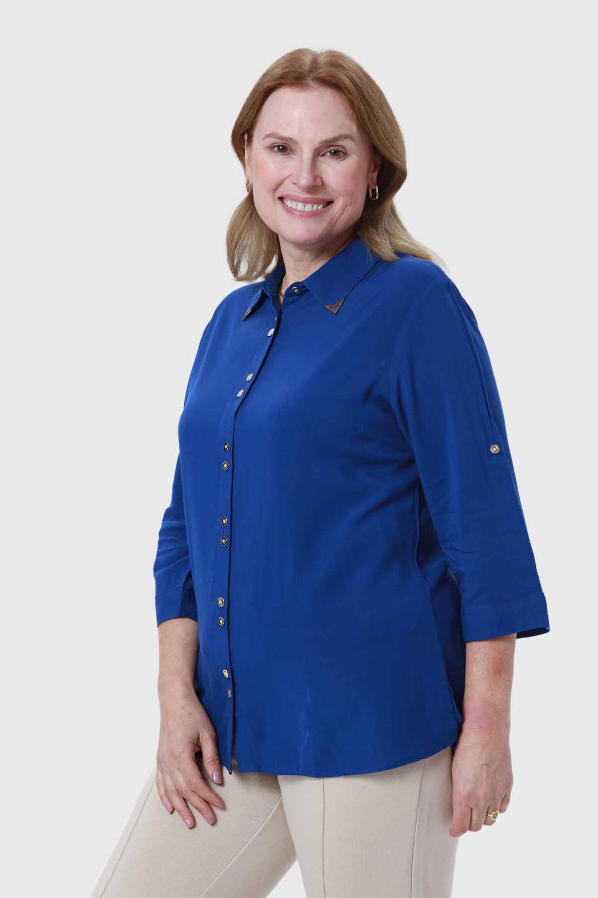 Blusa Mujer Abotonada Roll Up Azul