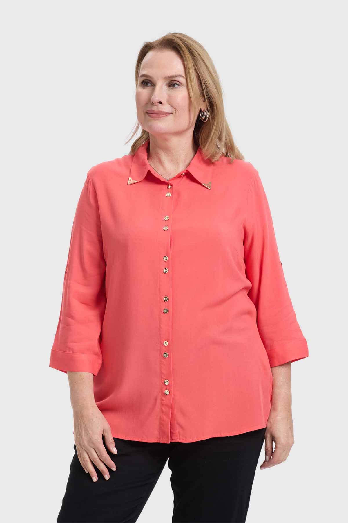 Blusa Mujer Abotonada Roll Up Coral