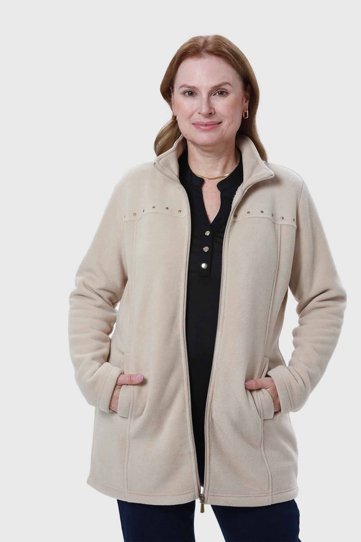 Polar Mujer Con Cierre Y Bolsillo Beige