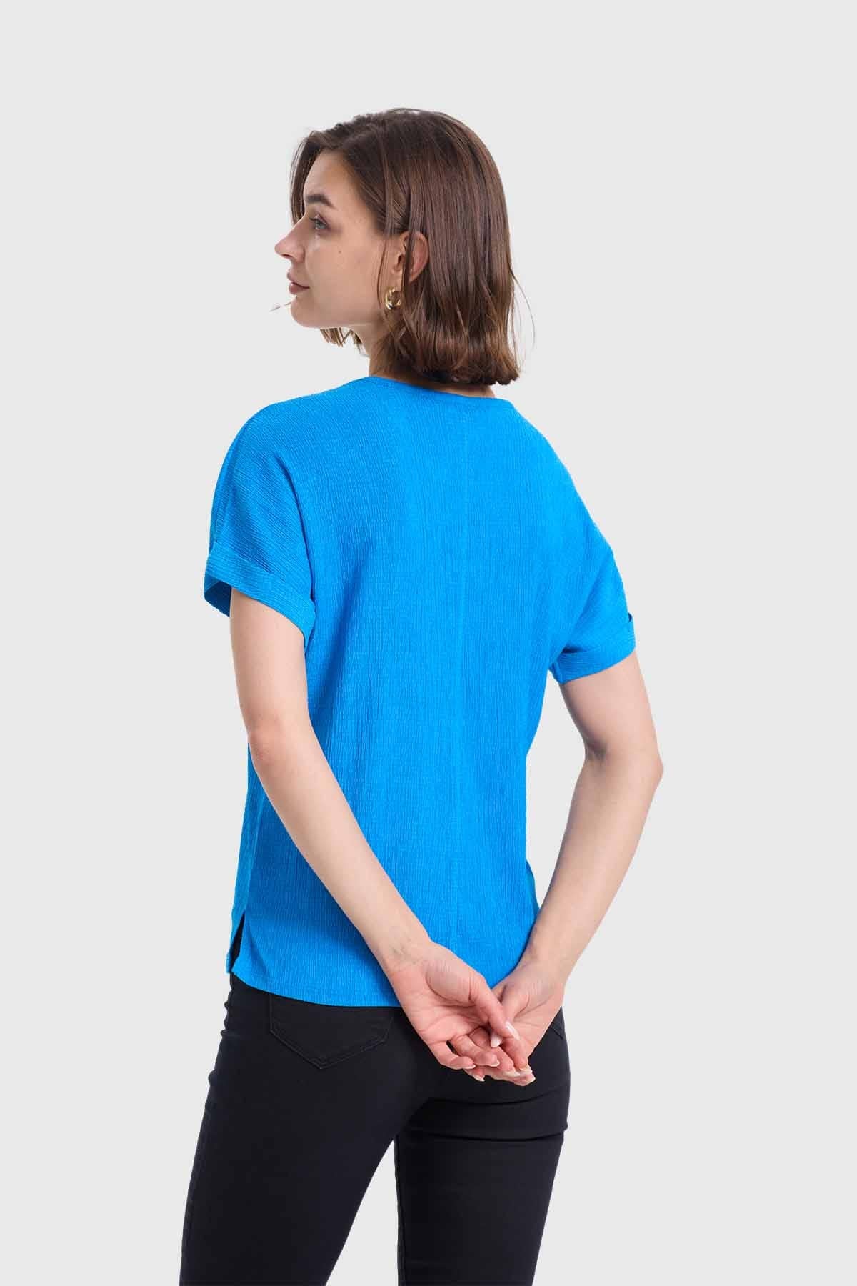Polera Mujer Dobladillo En Manga Azul