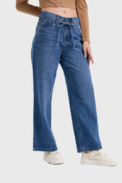 Jeans Mujer Calce Recto Cinturón Azul