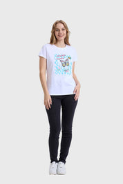 Polera Mujer Básica Print Blanco / Turquesa