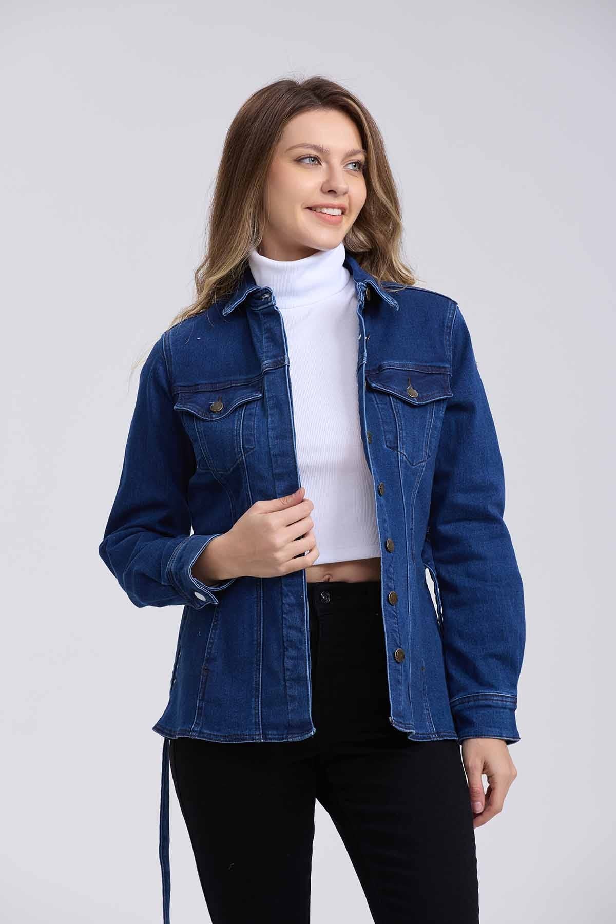Chaqueta Mujer Denim Cinturón Azul