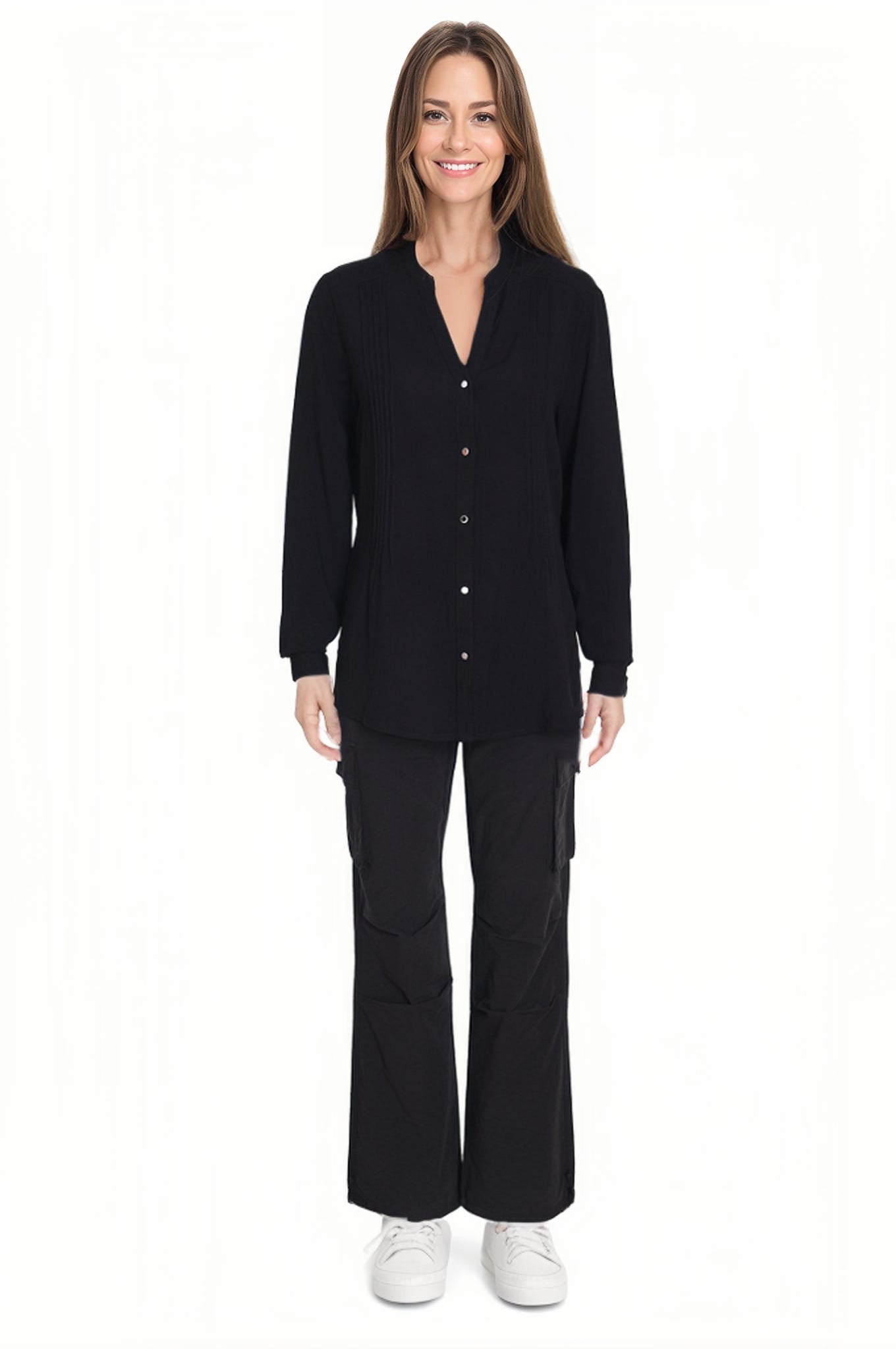Blusa Mujer Con Plisado Y Botones Negro