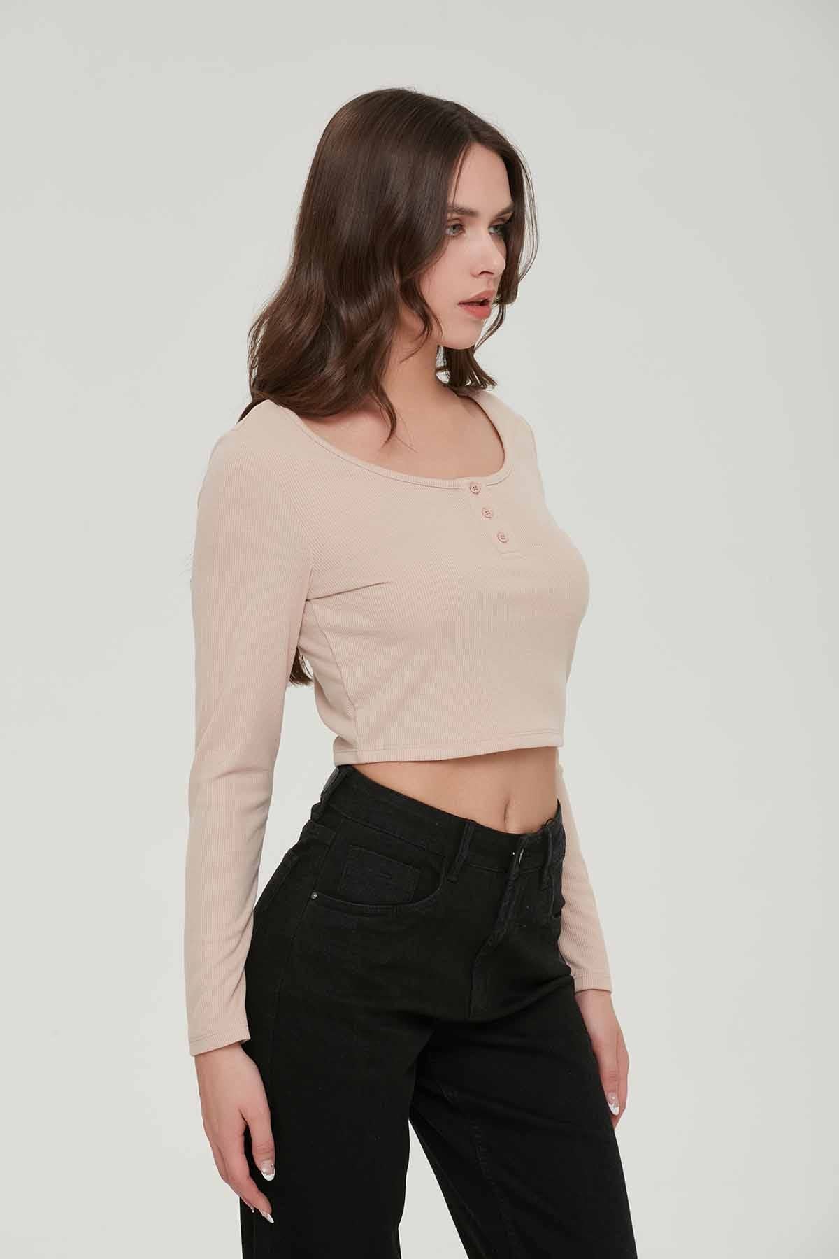 Polera Mujer Top Botones Beige