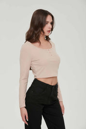 Polera Mujer Top Botones Beige