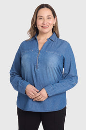 Blusa Mujer Con Tachas Bolsillo Azul
