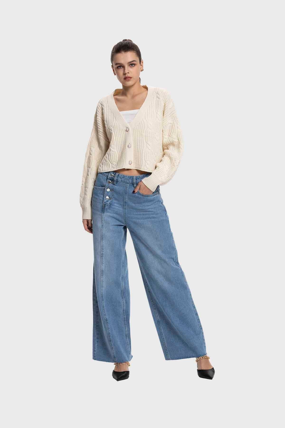 Sweater Mujer Cuello V Abierto Crudo
