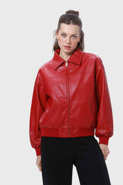 CHAQUETA MUJER EFECTO CUERO ROJO