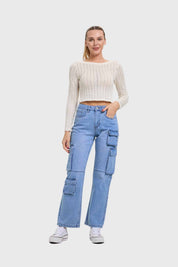Jeans Mujer Calce Recto Cargo Azul