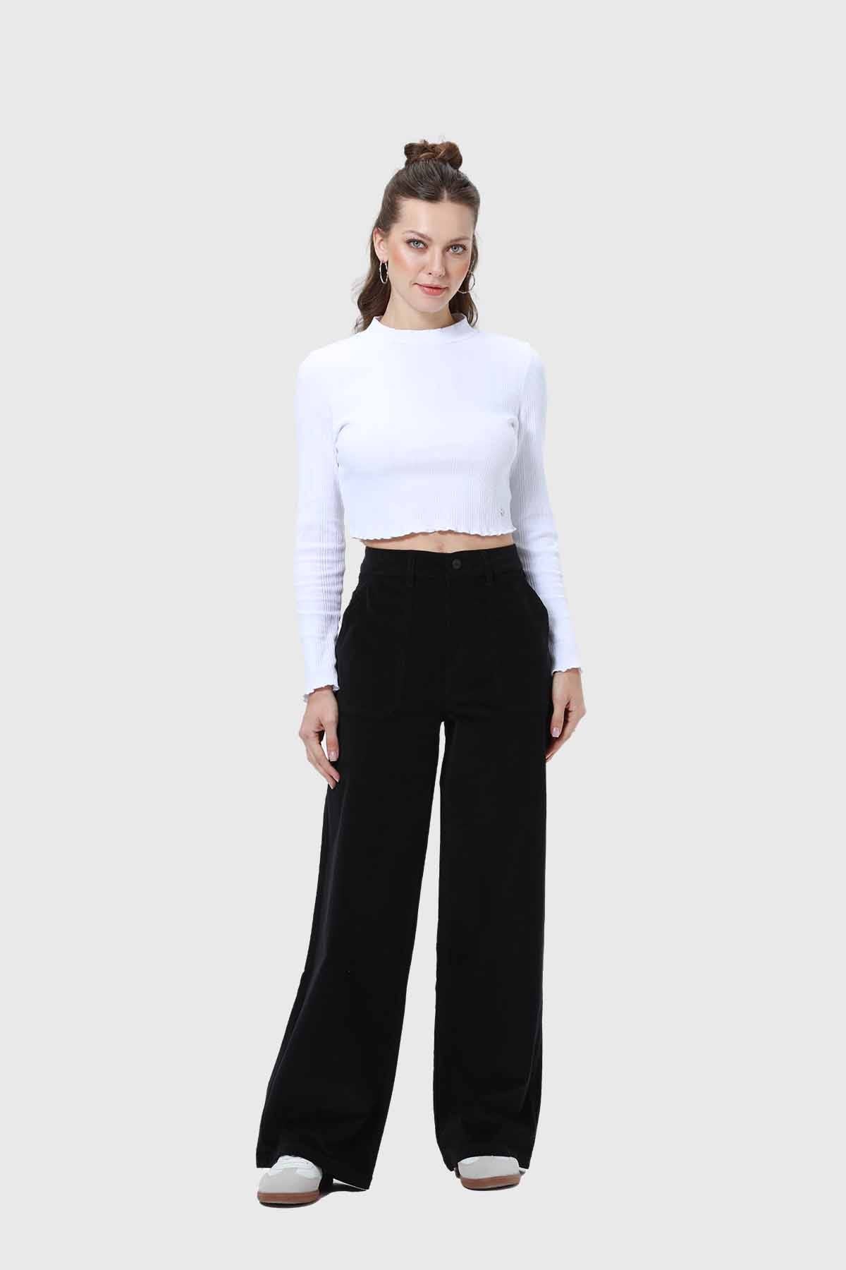Pantalón Mujer Wide Leg Cotelé Negro
