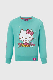 Poleron niña color calipso con estampado de Hello Kitty y detalles coloridos.