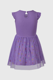 Vestido lila para niña con estampado de Minnie y tul en la falda.
