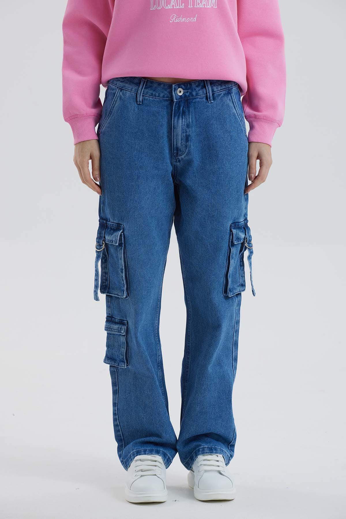 Jeans Mujer Recto Cargo Azul