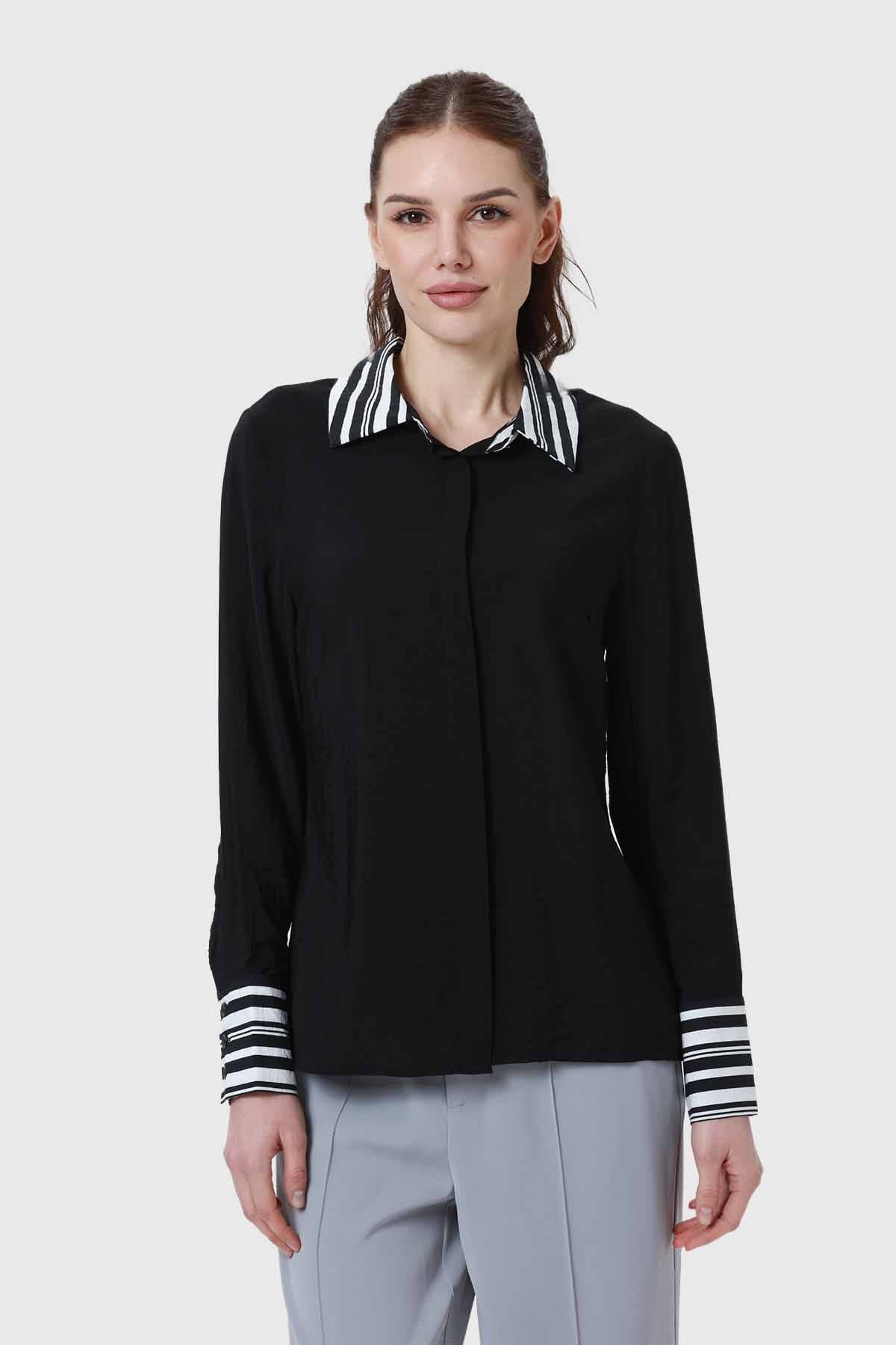 Blusa Mujer Satinada Y Abotonada Negro