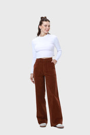 Pantalón Mujer Wide Leg Cotelé Café
