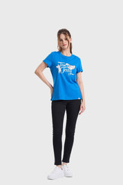 Polera mujer azul con diseño de Tom y Jerry, estilo casual y divertido.