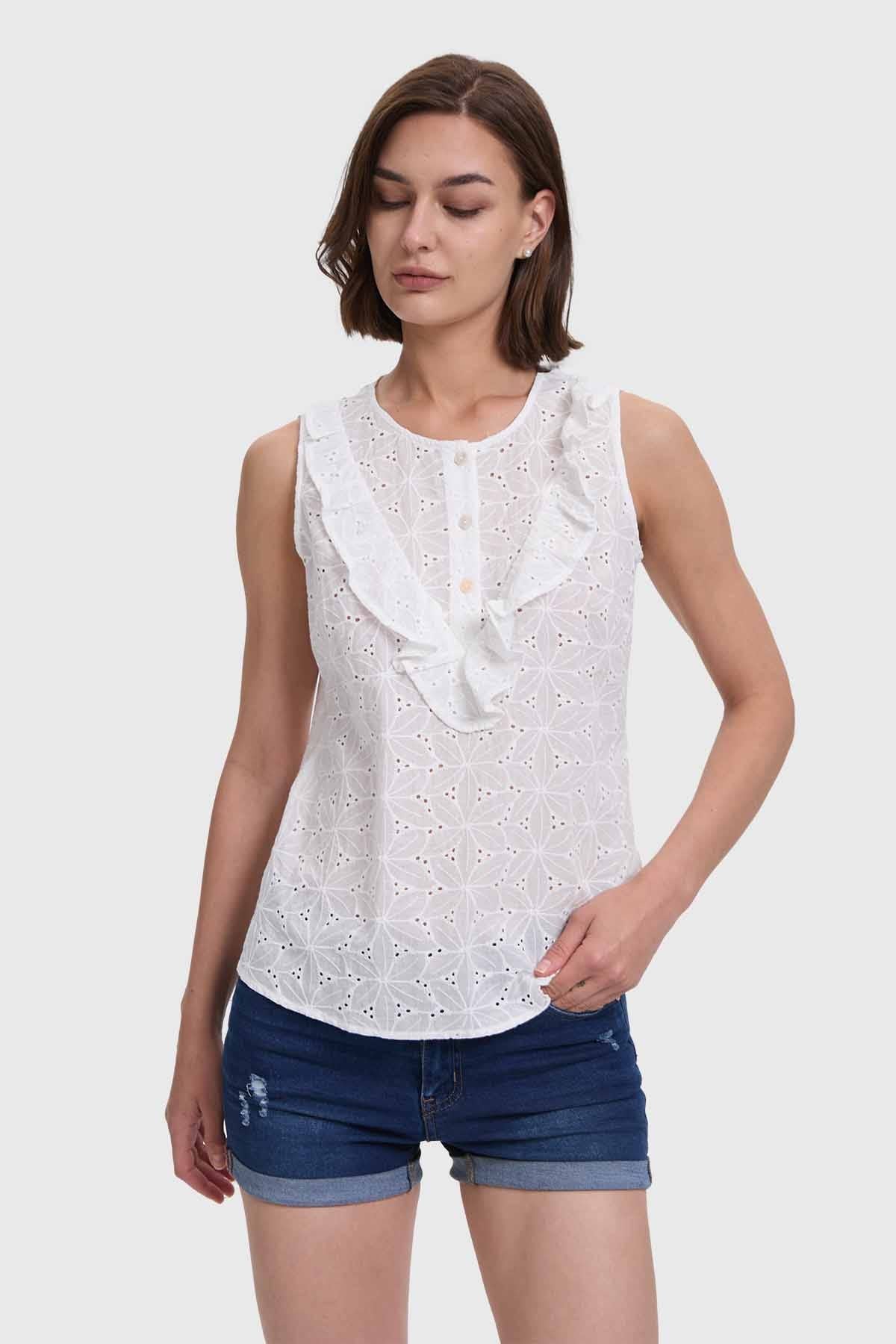 Blusa Mujer Broderie Vuelo Delantero Blanco