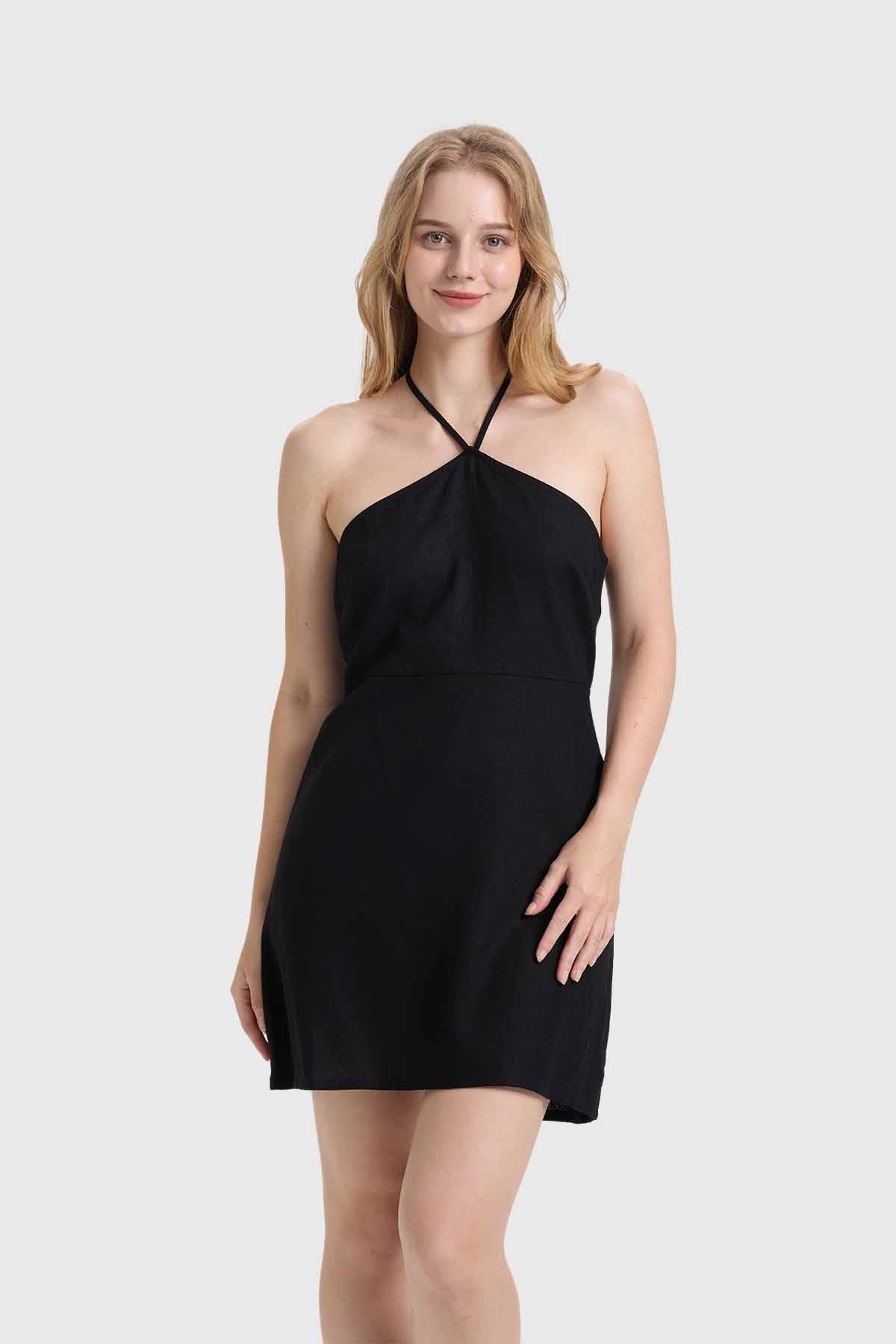Vestido Mujer Halter Lino Negro