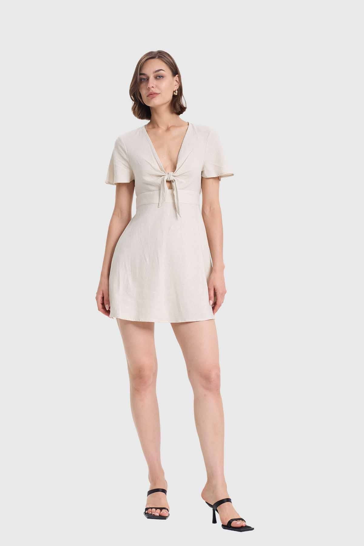 Vestido Mujer Lino Corto Aplicación Beige