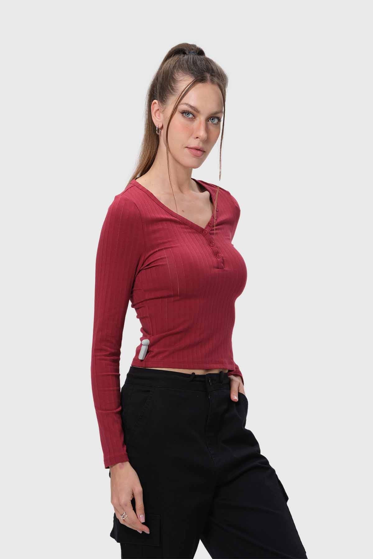 Polera Mujer Abotonada Burdeo
