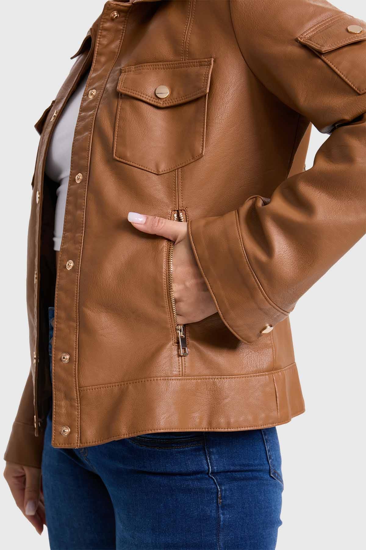 Chaqueta Mujer Efecto Cuero Abotonado Café