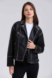 Chaqueta Mujer Biker Efecto Cuero Negro