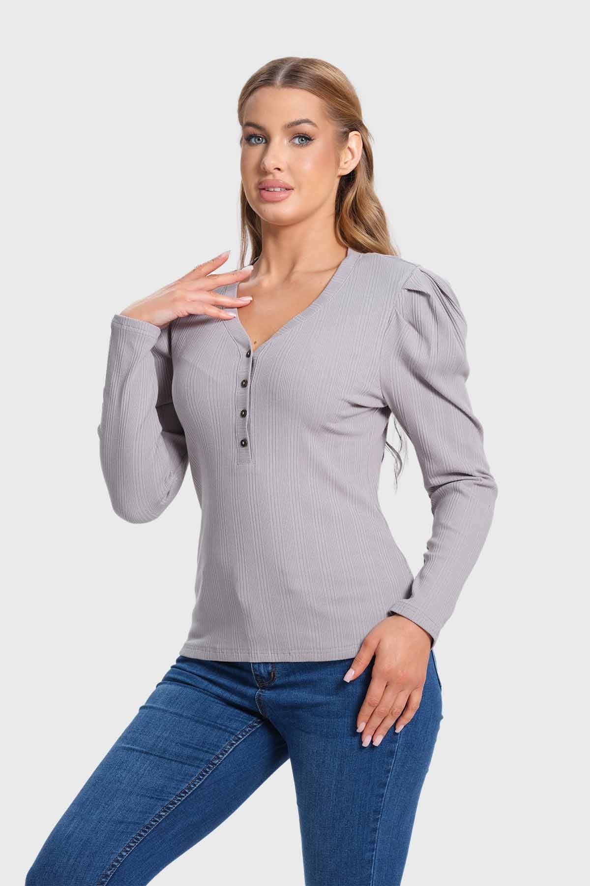 Polera Mujer Rib Pata Botón Gris