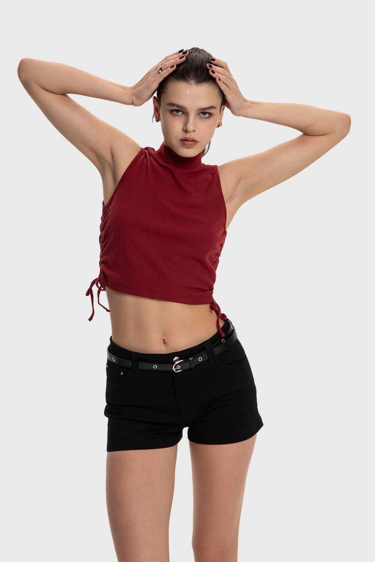 Polera Mujer Amarras Costados Burdeo