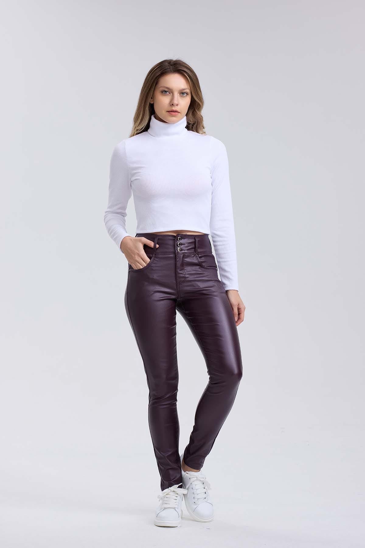 Jeans Mujer Efecto Cuero Berenjena