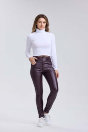 Jeans Mujer Efecto Cuero Berenjena