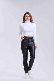 Pantalón Mujer Pitillo Efecto Cuero Negro