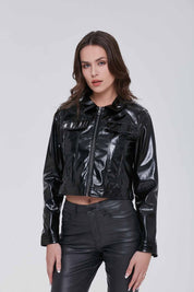 Chaqueta Mujer Crop Efecto Cuero Negro
