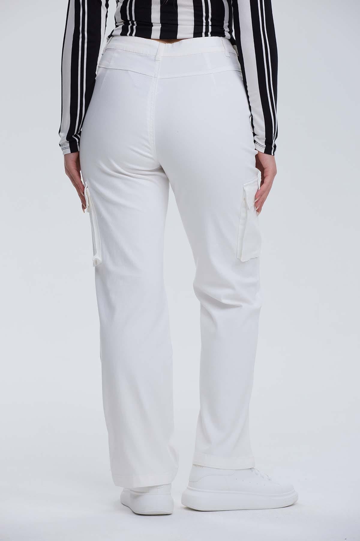 Pantalón Mujer Wide Leg Cargo Gabardina Crudo