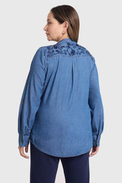 Blusa Mujer Denim Bordada Azul