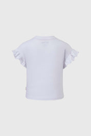Polera blanca para niña con diseño de Paw Patrol y volantes en las mangas.