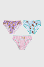 Calzón niña tripack en color morado con diseño de princesas, tres piezas de algodón suave.