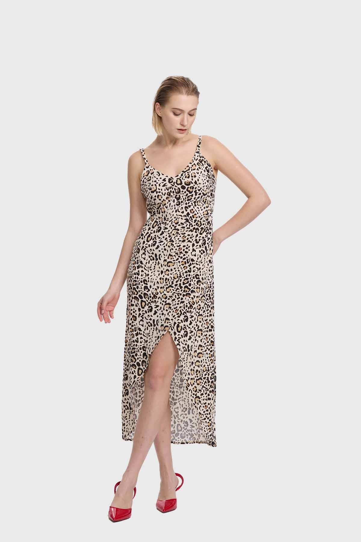 Vestido Mujer Midi Animal Print Beige