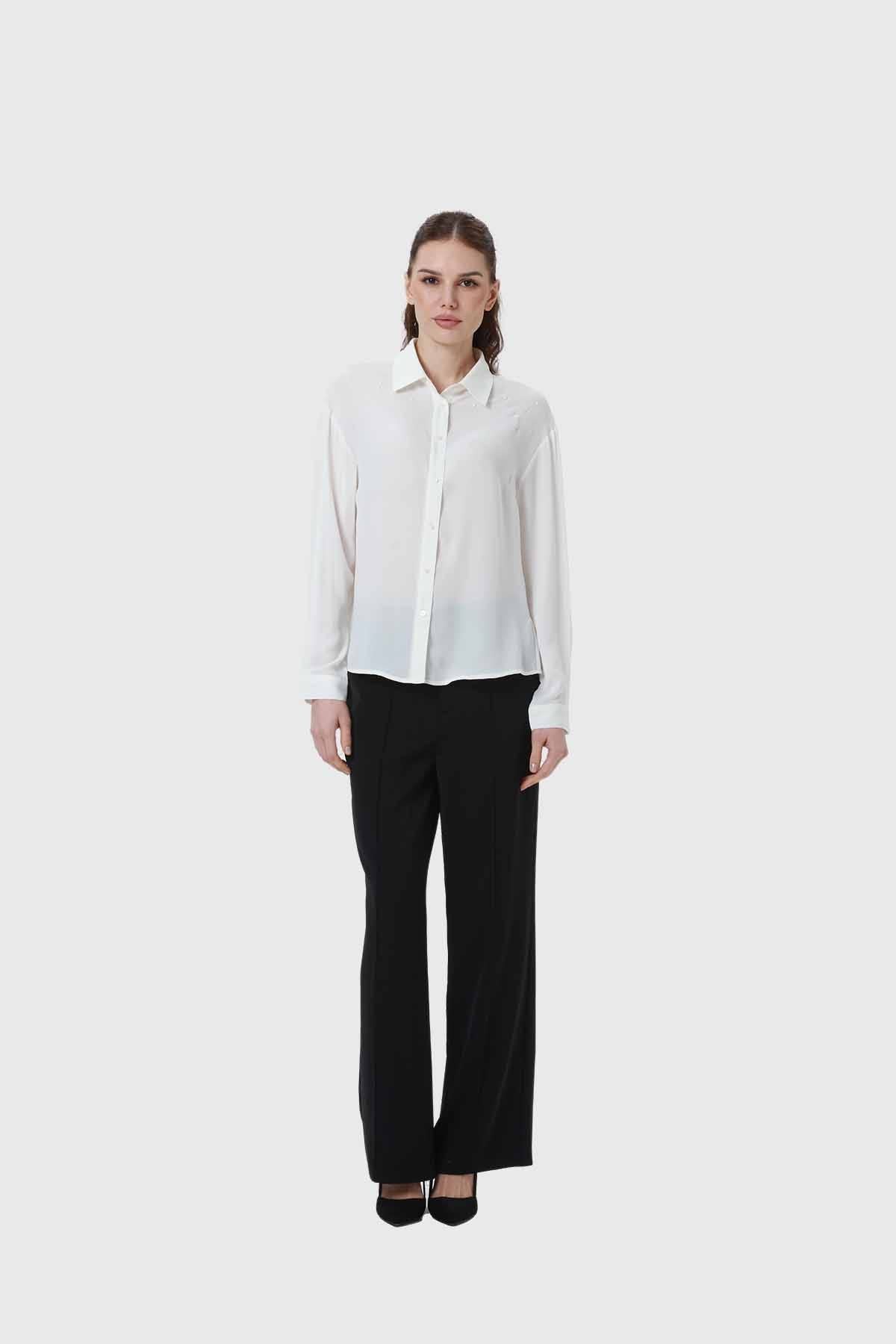 Blusa Mujer Aplicación Perlas Canes Crudo