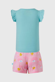 Pijama niña Paw Patrol en color verde con estampado de Skye y short rosa con huellitas.
