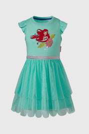 Vestido menta para niña con estampado de princesas y falda de tul.