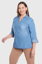 Blusa Mujer Con Tachas Bolsillo Azul