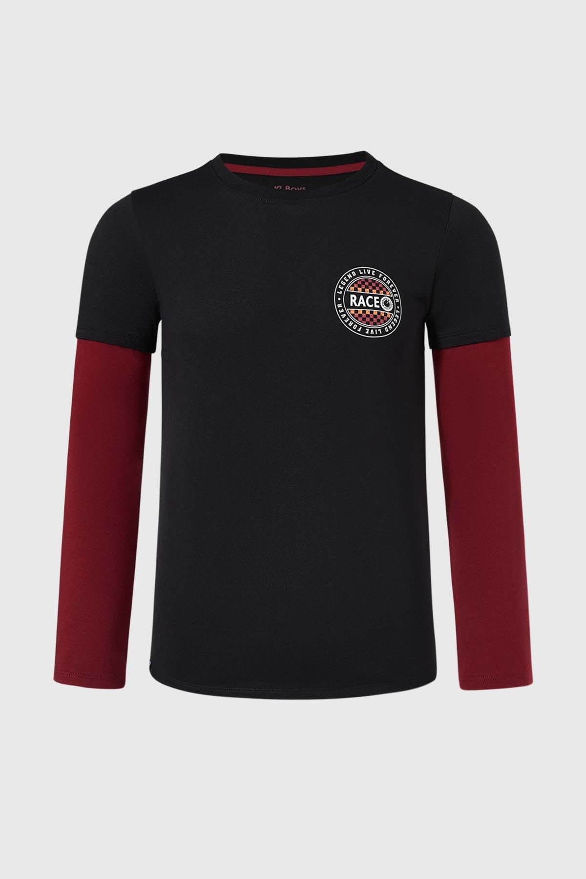 POLERA NIÑO DOBLE MANGA BÁSICA NEGRO / ROJO