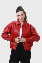 CHAQUETA MUJER EFECTO CUERO ROJO