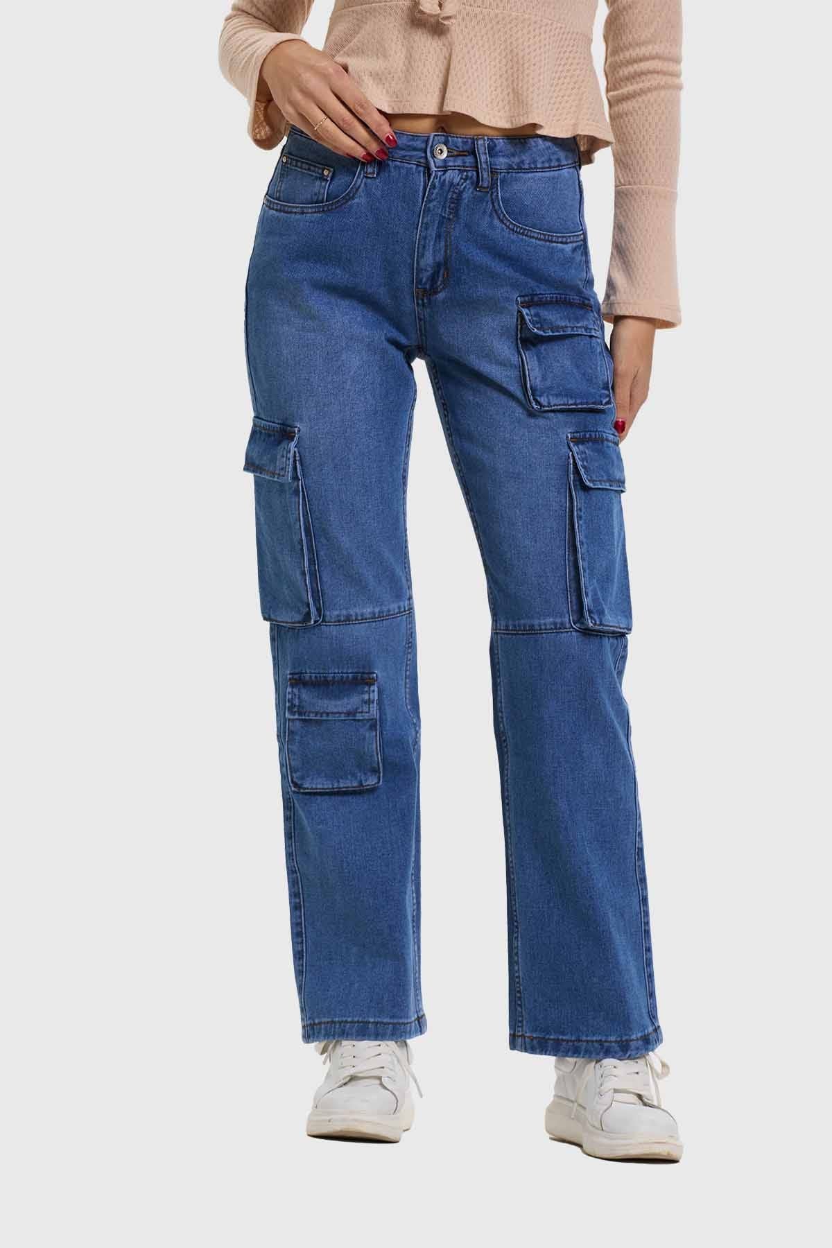 Jeans Mujer Calce Recto Cargo Café