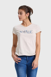 Polera Mujer Print Aplicación Crema