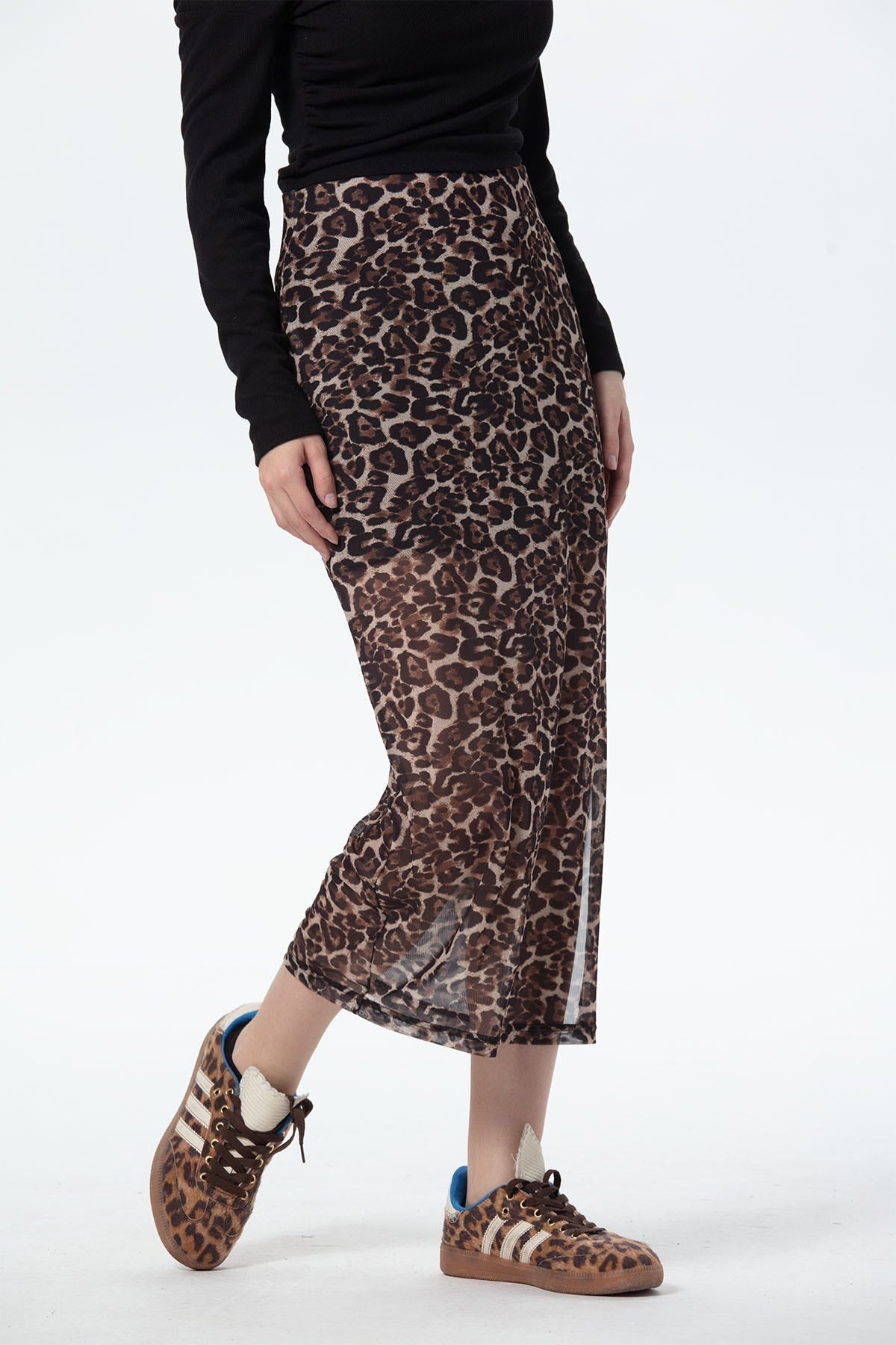 Falda Mujer Midi Leopardo Malla Café